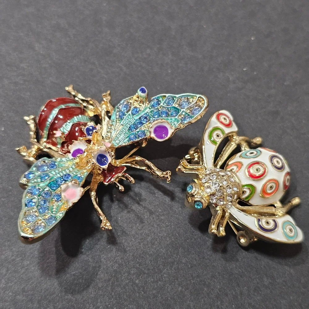 Enamel Bee Brooch Set Women Multicolor Rhinestone Insect Whimsical - Picture 2 of 10